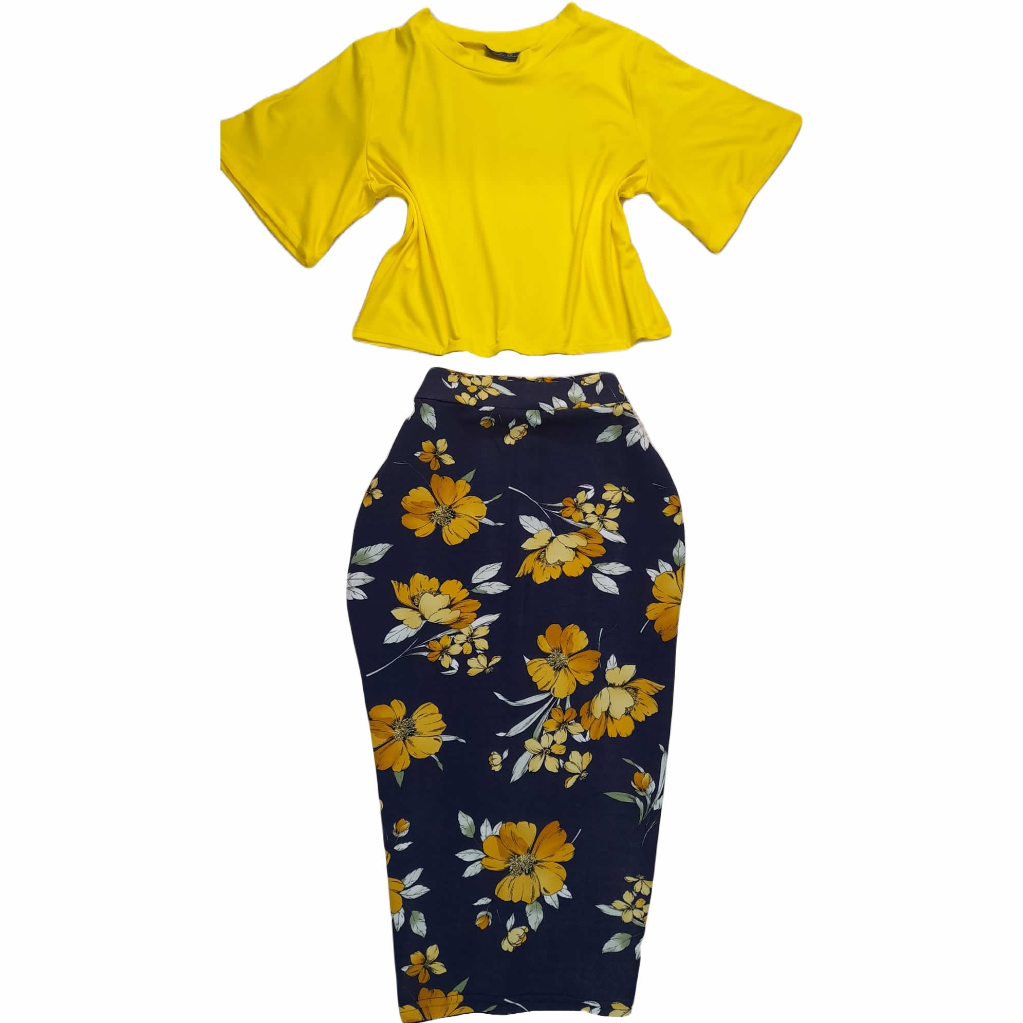 Set Of Short Blouse With Round Neck And Floral Pencil Skirt